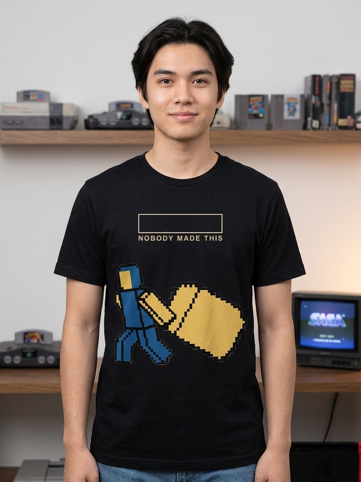 Item No. 0050. A shirt about Roblox Schlep Saga. Rev A.